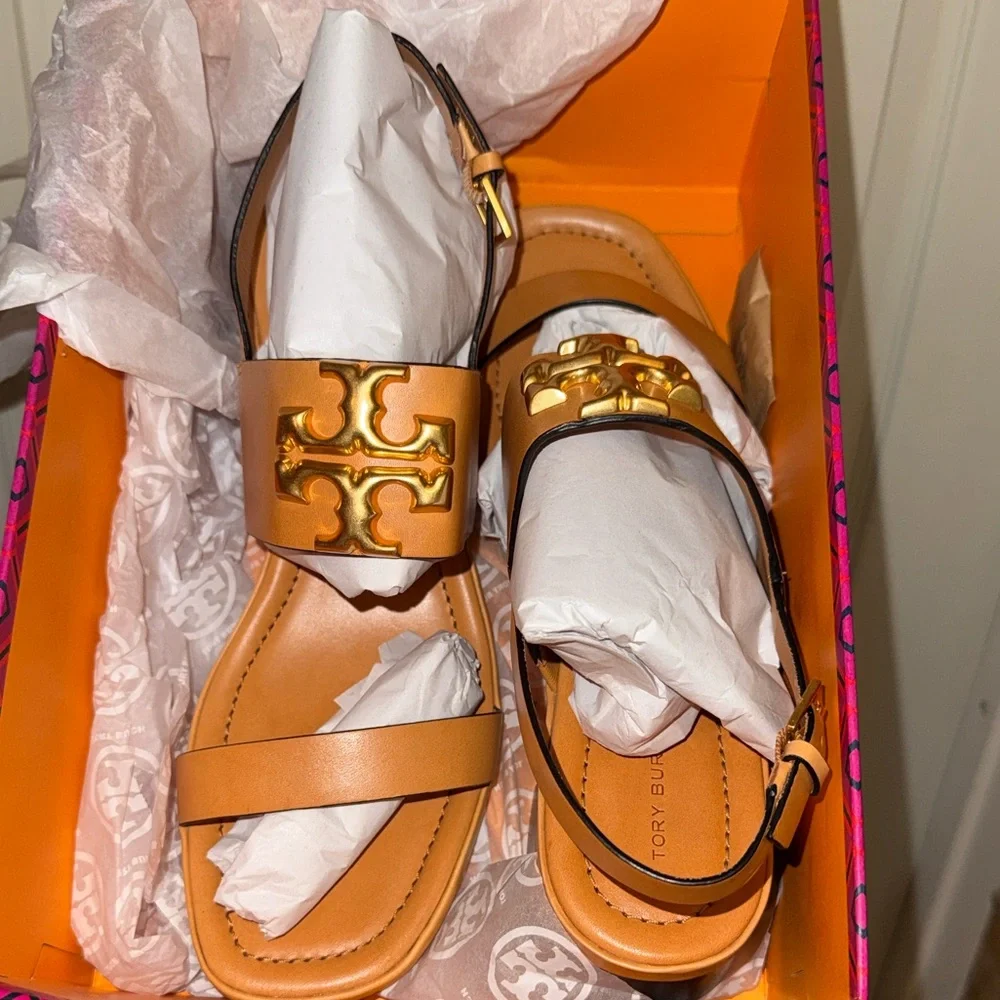 New in box Tory Burch ELEANOR HEEL SANDAL 55MM LEATHER size 11 BRANDY / GOLD 200